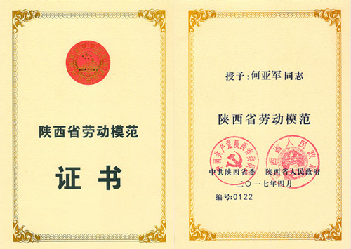 公司職工何亞軍榮獲“陜西省勞動模范”稱號